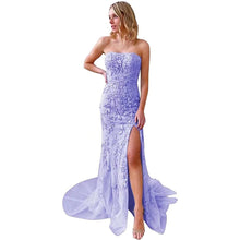 Load image into Gallery viewer, Elegant Prom Dress 2023 Strapless Lace Appliques Mermaid Tulle Long with Slit