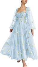 Load image into Gallery viewer, Puffy Prom Dress 2023 Square Neck Long Sleeves Floral Embroidery Tulle Corset Back