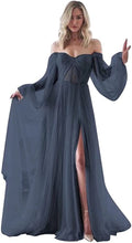Load image into Gallery viewer, Women's Puffy Long Sleeve Prom Dress 2023 Tulle Wedding Dress for Bride with Slit Corset Back