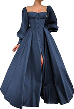 Load image into Gallery viewer, Puffy Prom Dress 2023 A-line Sweetheart Neck High Side Split Long Sleeves Satin Corset Back