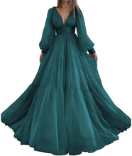 Load image into Gallery viewer, Long Puffy Sleeve Prom Dress 2023 V Neck A-Line Tulle Corset Back