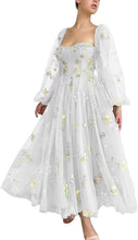 Load image into Gallery viewer, Puffy Prom Dress 2023 Square Neck Long Sleeves Floral Embroidery Tulle Corset Back