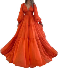 Load image into Gallery viewer, Long Puffy Sleeve Prom Dress 2023 V Neck A-Line Tulle Corset Back