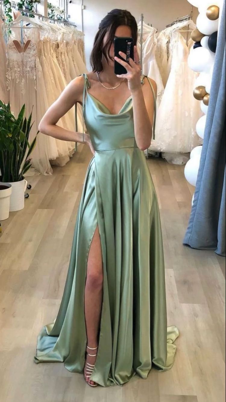 slim fit dress slacks A Line Cowl Neck Tie Straps Sage Green Prom Dresses with Split US16 / As Picture main image 1