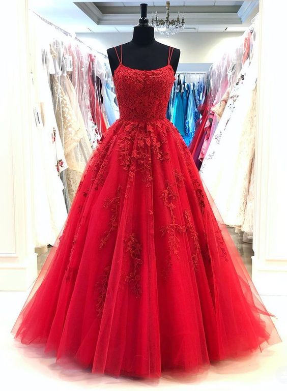 Red Prom Dress 2023 Spaghetti Straps Corset Back Appliques