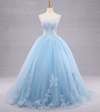 Load image into Gallery viewer, Sky Blue Prom Dress 2023 Strapless Tulle with Appliques