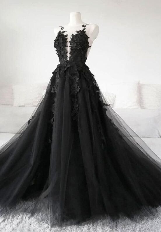 Black Prom Dress 2023 Plunging Neck Appliques