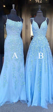 Load image into Gallery viewer, Blue Prom Dress 2023 Spaghetti Straps Tulle with Appliques