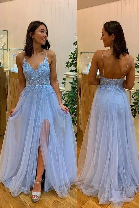 Light Blue Prom Dress 2023 Spaghetti Straps Tulle with Slit
