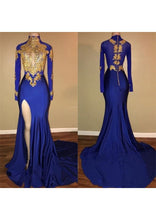 Load image into Gallery viewer, Royal Blue Prom Dress 2023 High Neck with Appliques with Slit