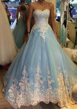 Load image into Gallery viewer, Sky Blue Prom Dress 2023 Strapless Lace Appliques