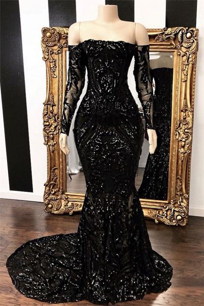 Black Prom Dress 2023 Off the Shoulder Sequin