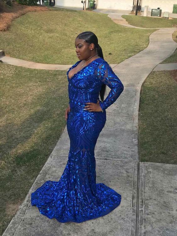 Blue Prom Dress 2023 Black Girls Slay V Neck Sequin Long Sleeves