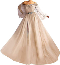 Load image into Gallery viewer, Puffy Sleeves Prom Dress 2023 Off the Shoulder Beaded Slit