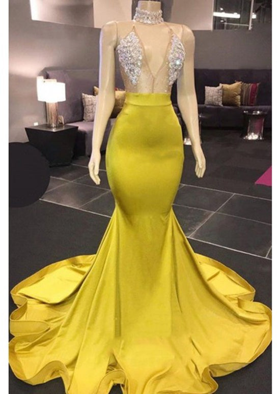 Yellow Prom Dress 2023 Sexy High Neck Beaded – DCdress