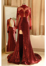 Load image into Gallery viewer, Burgundy Prom Dress 2023 Sequined Sexy Long Sleeves with Slit