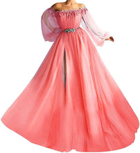 Load image into Gallery viewer, Puffy Sleeves Prom Dress 2023 Off the Shoulder Beaded Slit