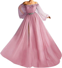 Load image into Gallery viewer, Puffy Sleeves Prom Dress 2023 Off the Shoulder Beaded Slit