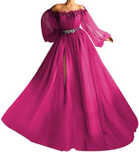 Load image into Gallery viewer, Puffy Sleeves Prom Dress 2023 Off the Shoulder Beaded Slit