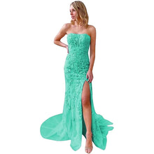 Load image into Gallery viewer, Elegant Prom Dress 2023 Strapless Lace Appliques Mermaid Tulle Long with Slit