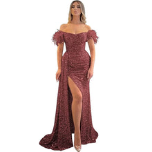 Load image into Gallery viewer, Long Prom Dress 2023 Mermaid Feather Corset Back Off the Shoulder Sequin with Slit