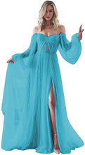 Load image into Gallery viewer, Women's Puffy Long Sleeve Prom Dress 2023 Tulle Wedding Dress for Bride with Slit Corset Back