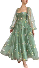 Load image into Gallery viewer, Puffy Prom Dress 2023 Square Neck Long Sleeves Floral Embroidery Tulle Corset Back