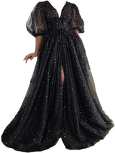 Load image into Gallery viewer, Sparkle Prom Dress 2023 Starry Tulle Puffy Sleeve with Split Corset Back