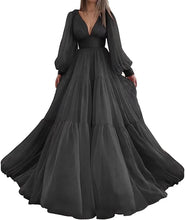 Load image into Gallery viewer, Long Puffy Sleeve Prom Dress 2023 V Neck A-Line Tulle Corset Back