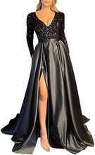 Load image into Gallery viewer, Prom Dress 2023 with Slit Long Sleeves Sequin V Neck Sparkly Satin Corset Back