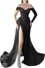 Load image into Gallery viewer, Prom Dresses 2023 Off the Shoulder Long Sleeve Sequin High Slit Corset Back
