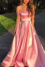 Load image into Gallery viewer, Pink Prom Dress 2023 Off the Shoulder Short Sleeves Satin