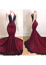 Load image into Gallery viewer, Burgundy Prom Dress 2023 Halter Neck Lace Hem Open Back