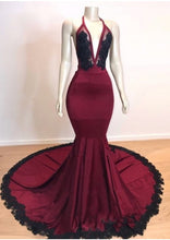 Load image into Gallery viewer, Burgundy Prom Dress 2023 Halter Neck Lace Hem Open Back