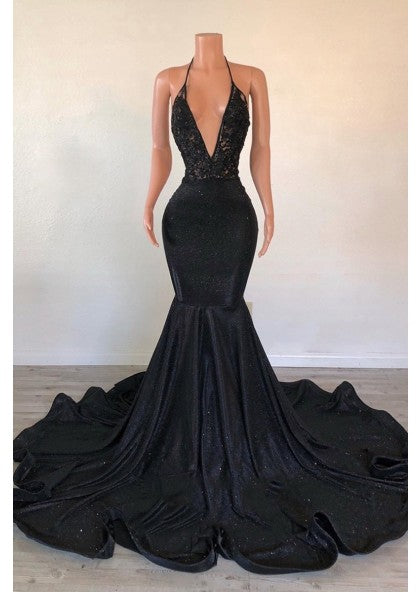 Black Prom Dress 2023 Halter Neck Sexy with Pleats