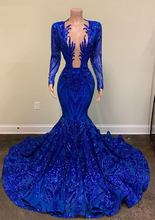 Load image into Gallery viewer, Royal Blue Sequin Black Girl Prom Dress 2023 Mermaid with Long Sleeves
