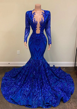 Load image into Gallery viewer, Royal Blue Sequin Black Girl Prom Dress 2023 Mermaid with Long Sleeves