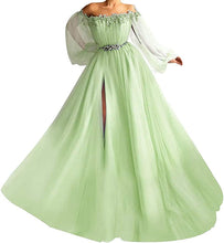 Load image into Gallery viewer, Puffy Sleeves Prom Dress 2023 Off the Shoulder Beaded Slit