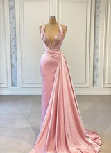 Load image into Gallery viewer, Pink Prom Dress 2023 Plunging Neck Draping Satin