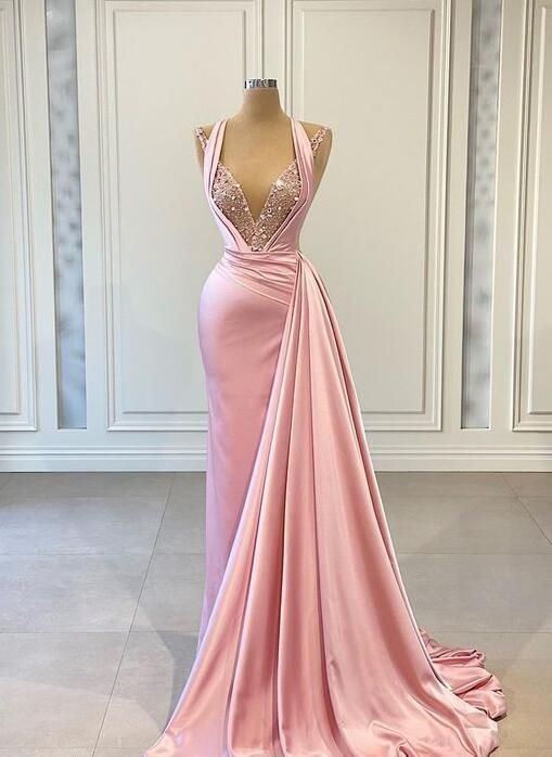 Pink Prom Dress 2023 Plunging Neck Draping Satin