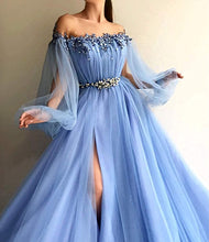Load image into Gallery viewer, Puffy Sleeves Prom Dress 2023 Off the Shoulder Beaded Slit