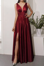 Load image into Gallery viewer, Long Satin Prom Dress 2023 Plunging Neck A-Line Zipper Up Pleats with Slit