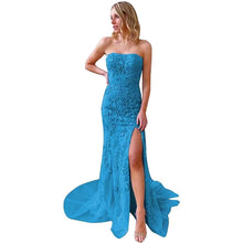 Load image into Gallery viewer, Elegant Prom Dress 2023 Strapless Lace Appliques Mermaid Tulle Long with Slit