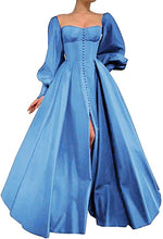 Load image into Gallery viewer, Puffy Prom Dress 2023 A-line Sweetheart Neck High Side Split Long Sleeves Satin Corset Back