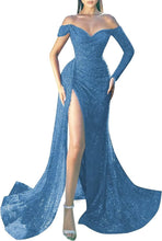 Load image into Gallery viewer, Prom Dresses 2023 Off the Shoulder Long Sleeve Sequin High Slit Corset Back
