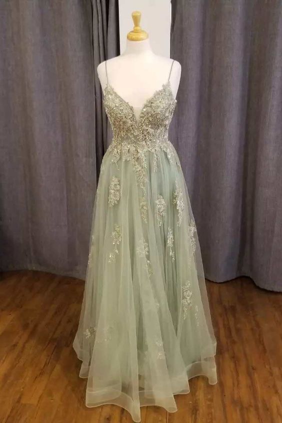 sage green prom dresses 2023 Glitter-Tulle Long Sage Green Prom Dress