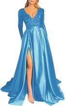 Load image into Gallery viewer, Prom Dress 2023 with Slit Long Sleeves Sequin V Neck Sparkly Satin Corset Back