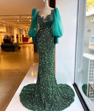 Load image into Gallery viewer, Green Prom Dress 2023 Sequin with Puffy Long Sleeves