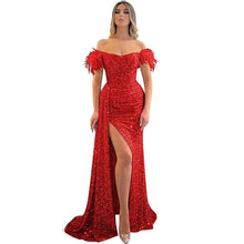 Load image into Gallery viewer, Long Prom Dress 2023 Mermaid Feather Corset Back Off the Shoulder Sequin with Slit