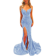 Load image into Gallery viewer, Sexy Prom Dress 2023 Sequin Mermaid V Neck Long with High Slit Sparkly Corset Back